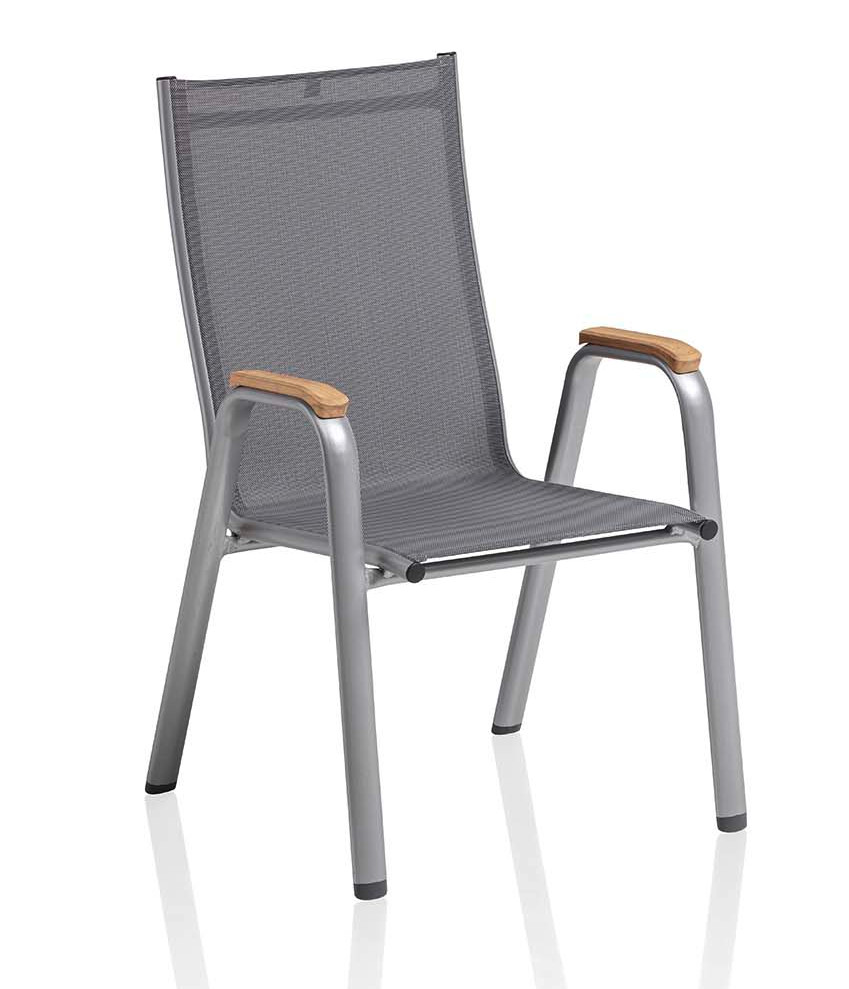KETTLER CIRRUS Stapelsessel m. Teak- Armlehne kurz Silber/Anthrazit-Grau