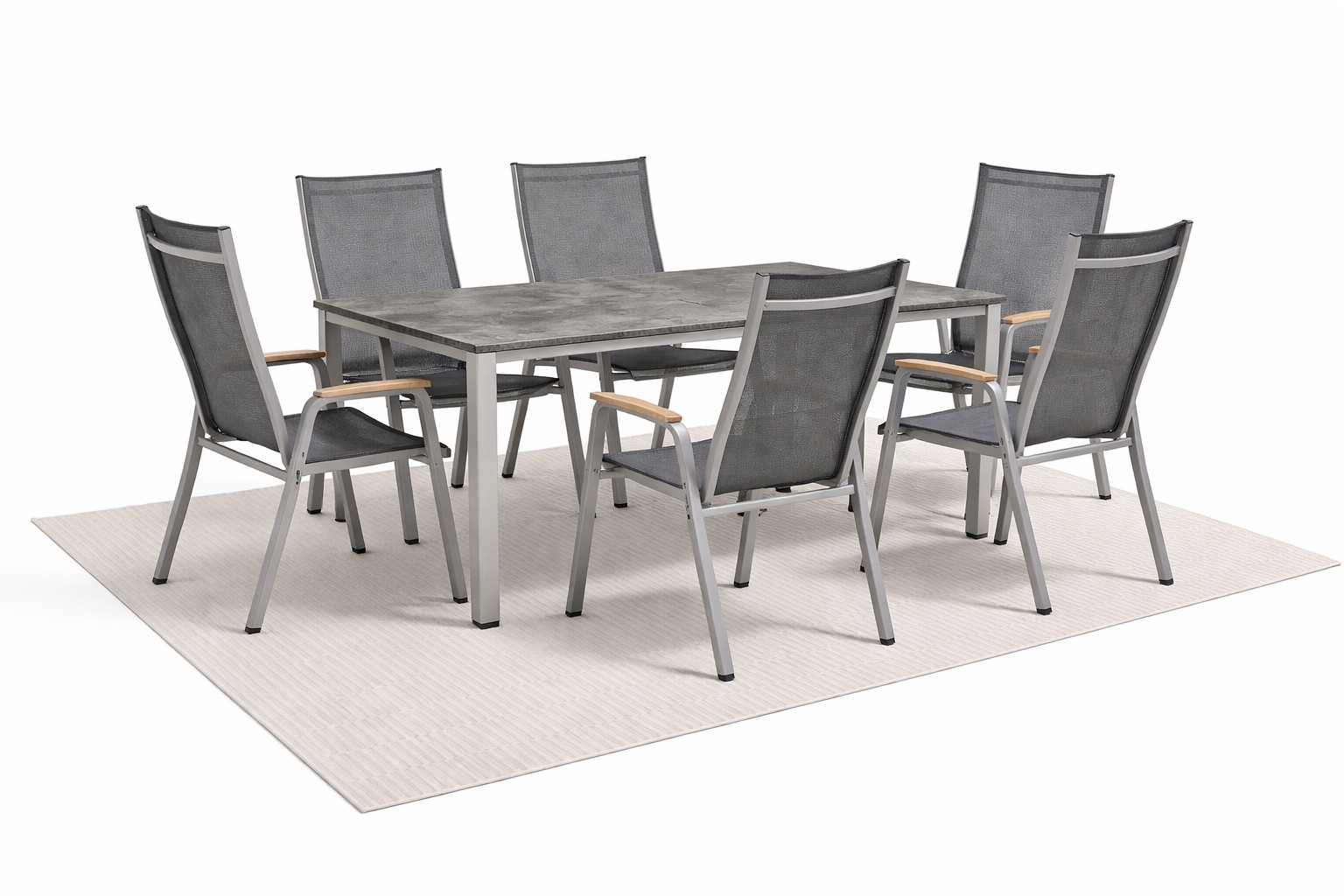 Kettler CIRRUS Silver-Line Tischgruppe 9 teilig inkl. Teppich und Keramikplatte Teakholz kurz grau