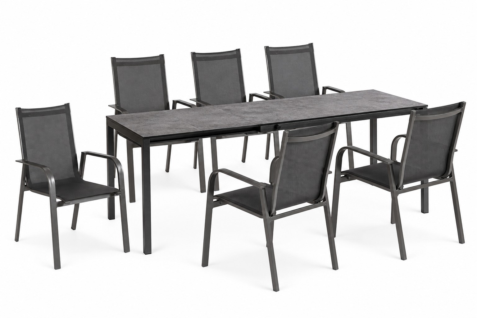 Kettler CUBIC HPL- Ausziehtisch 140/210x70 mit 6 ACAMP Stapelstuhl anthrazit
