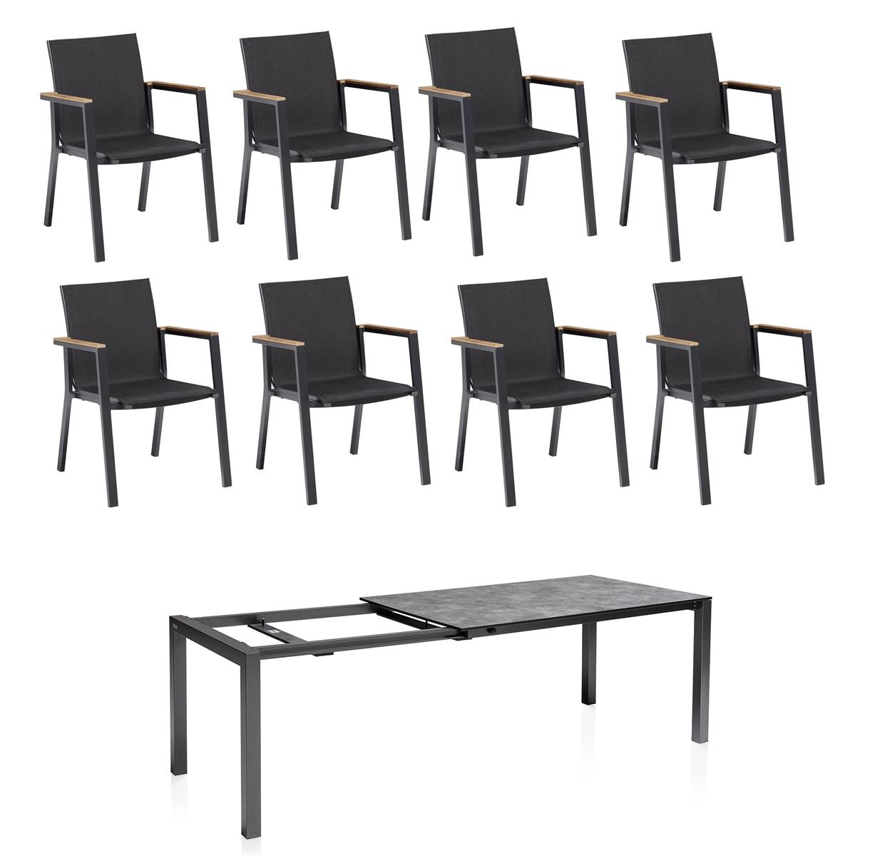 Kettler CUBIC HPL- Ausziehtisch 140/210x70 mit 8 Rasmus Stapelstuhl anthrazit